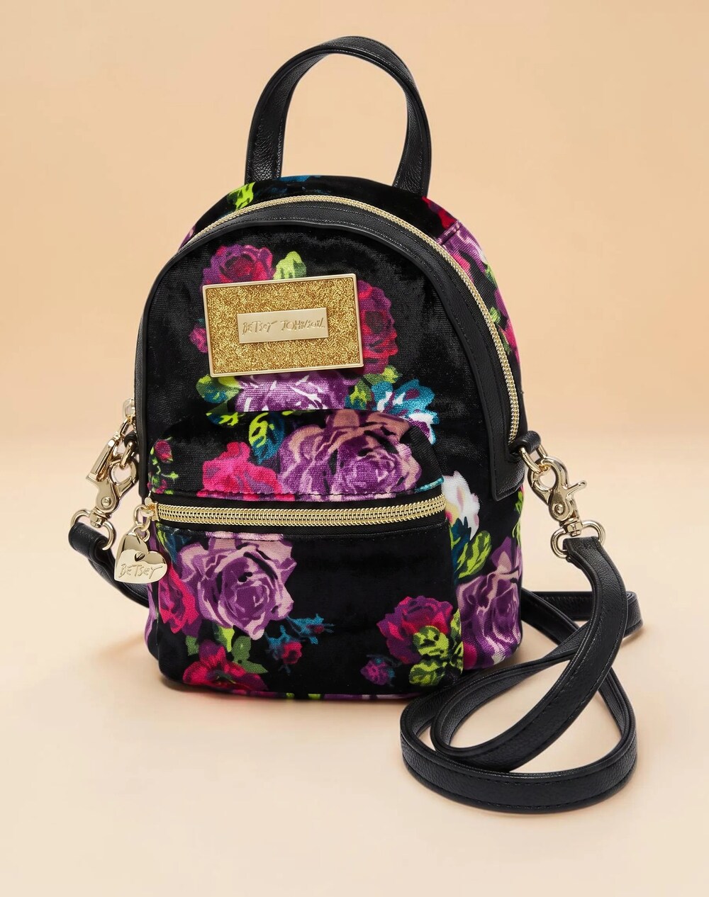 Betsey Johnson Black & Purple Floral Velvet Convertible Mini Backpack